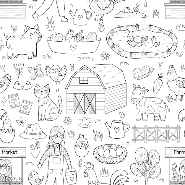 Black and white farm seamless pattern with cute characters Countryside background in cartoon style