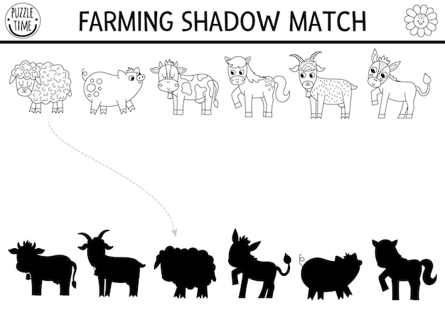 Black and white farm shadow matching activity with animals Country village line puzzle with cute cow pig sheep horse Find correct silhouette printable coloring game On the farm page for kidsxA