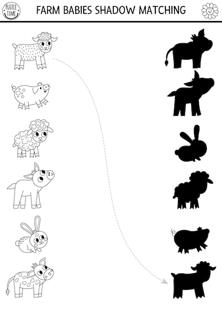 Black and white farm shadow matching activity with baby animals Country village line puzzle with cute calf piglet lamb Find correct silhouette printable coloring game On the farm page for kidsxA