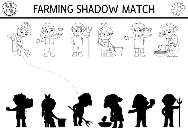 Black and white farm shadow matching activity with cute kid farmers Country line village puzzle with beekeeper dairymaid Find correct silhouette printable coloring game On the farm pagexA