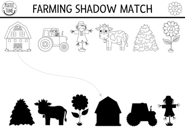 Black and white farm shadow matching activity with traditional country symbols Rural village puzzle