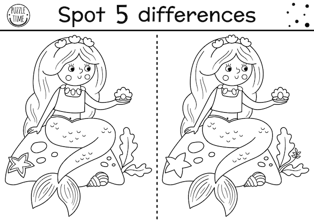 Black and white find differences game for children Fairytale educational activity with cute mermaid and pearl Magic kingdom puzzle for kids Fairy tale printable worksheet or coloring pagexA