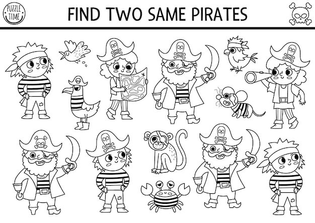 Black and white find two same pirates Treasure island line matching activity for children Sea adventures educational quiz worksheet or coloring page for kids for attention skillsxA