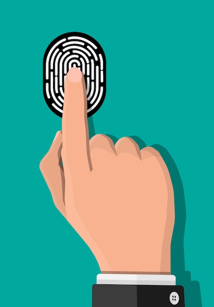 Black and white fingerprint with hand. Identification and authorization system. Fingerprint for id, passport, applications. Simple finger print icon. Vector illustration in flat style