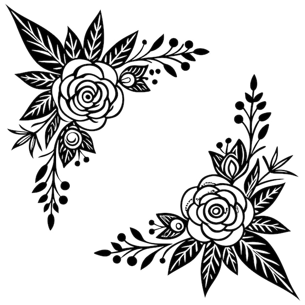 Vector black and white floral corner border with roses and leaves