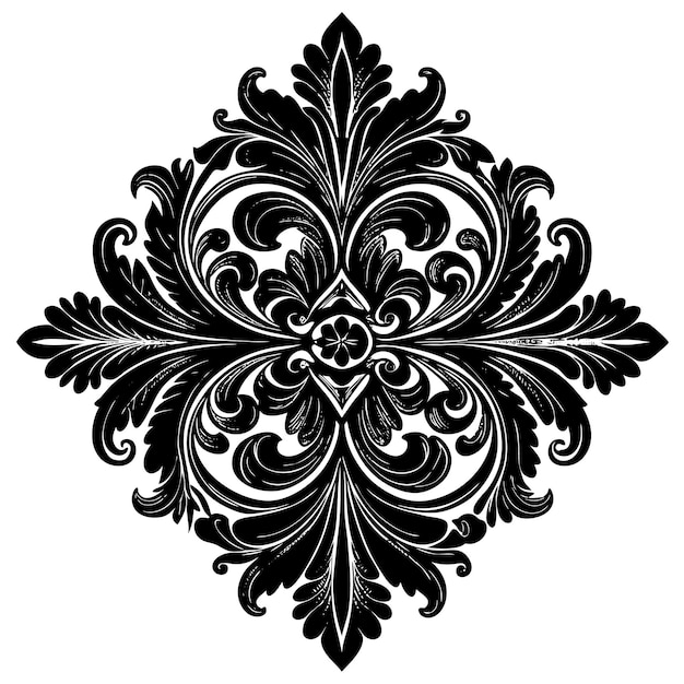 Vector black and white floral design with intricate details and symmetrical pattern in a diamond shape