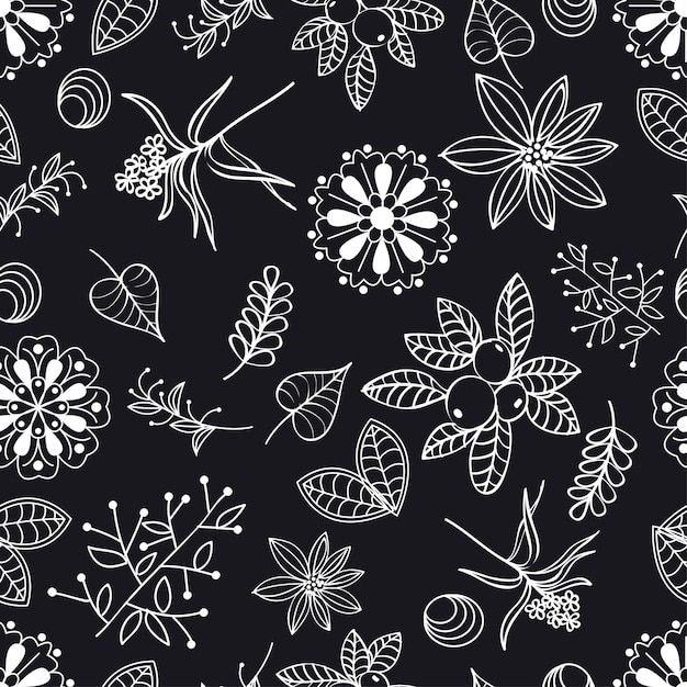 Black and white floral seamless pattern Forest plants vector illustration