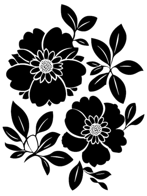 Black and white flowers silhouette stencil vector illustrations