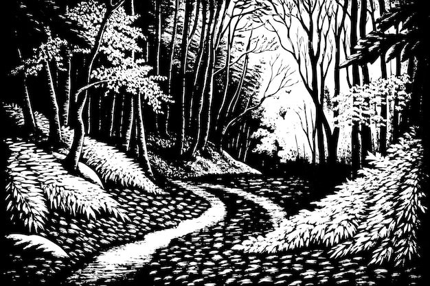 Vector black and white forest path illustration with dramatic shadows