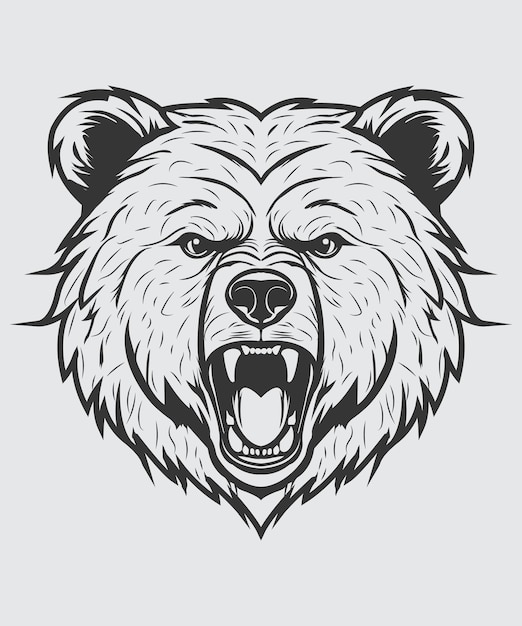 Vector black and white furious scary bear with an open mouth