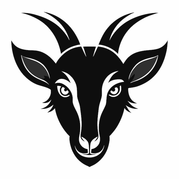 Vector black and white goat head with horns isolated on white background