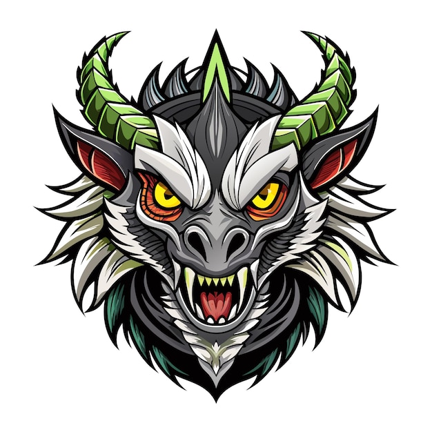 black white green dragon face mascot logo design