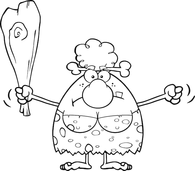 Black And White Grumpy Cave Woman Cartoon Mascot Character Holding Up A Fist And A Club