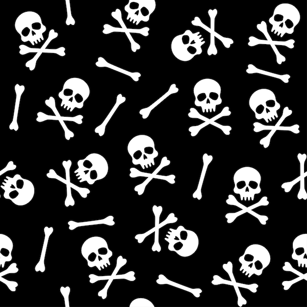 Black and white Halloween pattern with skulls and bones, vector seamless pattern.