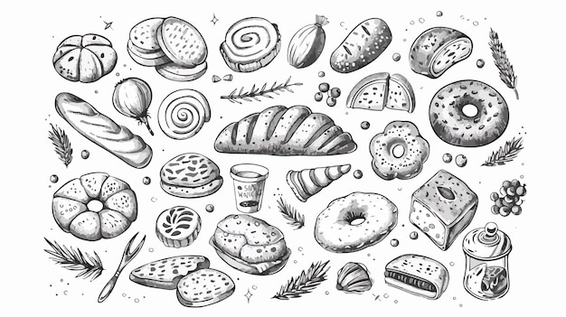 Vector black and white hand drawn bread and bakery goods