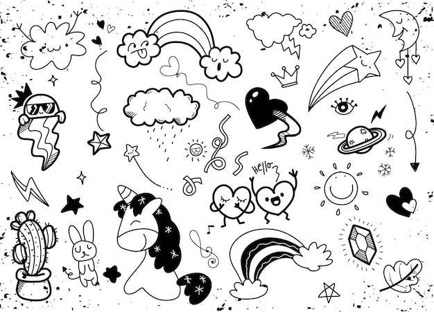 Black and White Hand Drawn Doodles of Cute ElementsxA