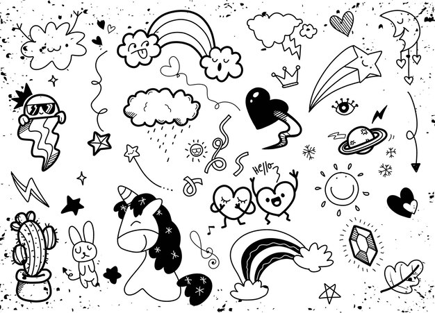 Vector black and white hand drawn doodles of cute elementsxa