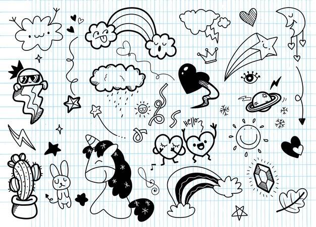 Vector black and white hand drawn doodles of cute elementsxa