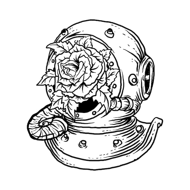 black and white hand drawn illustration  ancient diving helmet and rose