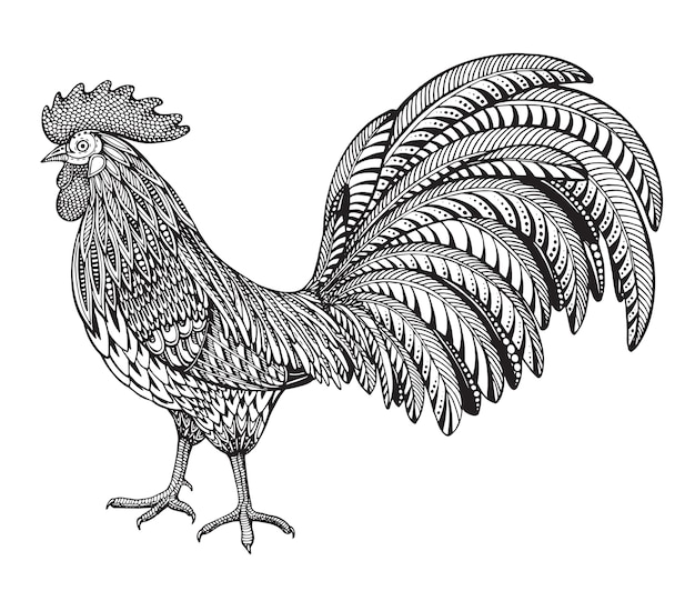 Black and white hand drawn illustration of fiery rooster in doodle ornate style