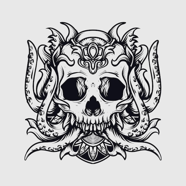 black and white hand drawn illustration octopus skull