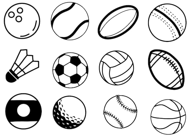 Vector black and white hand drawn sports balls icons set on white background