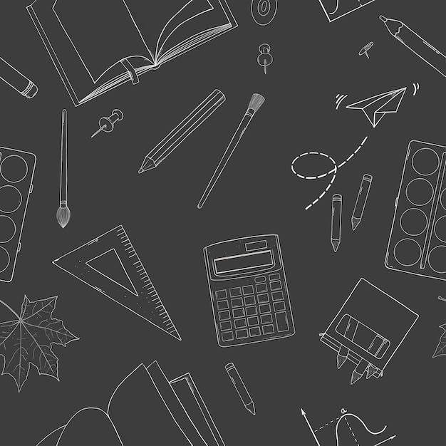 Black and White Handdrawn Seamless Pattern with School Stationery