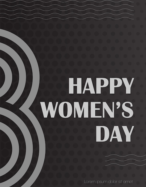 A black and white Happy womans day poster template in a minimalistic style with wavy lines and Figure Eight Greeting card template Vector illustration on a dark gradient background