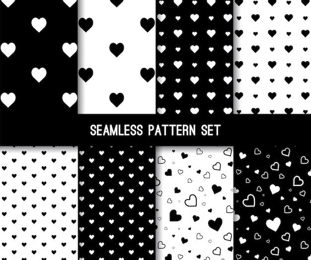 Black White Heart Seamless Pattern Background Set Vector Illustration