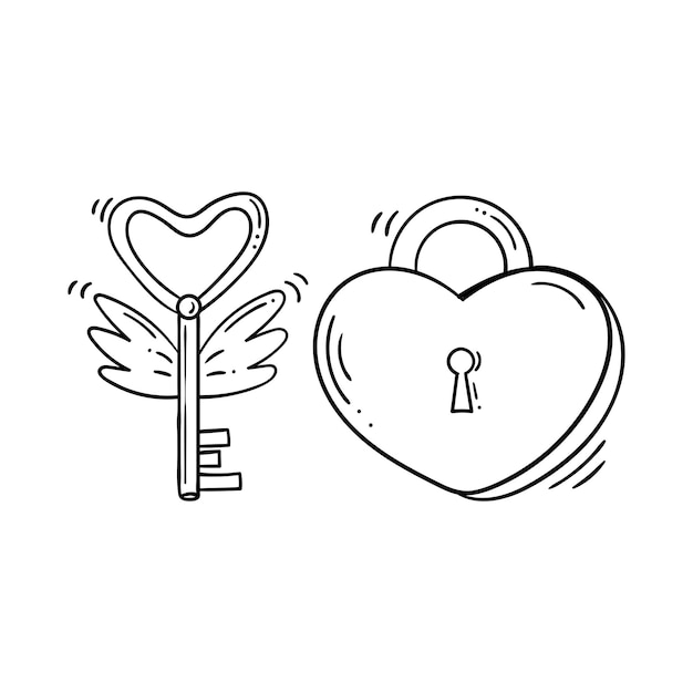 Black and white heart shaped lock with flying key with a wings in doodle style.