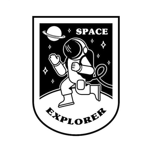 Black white icon cartoon astronaut which explore other planets in space.