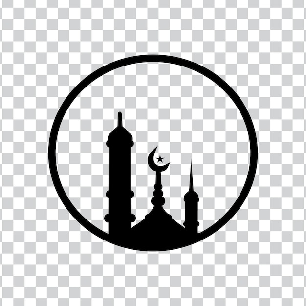 Black and white icon of a mosque with a crescent moon and a crescent moon