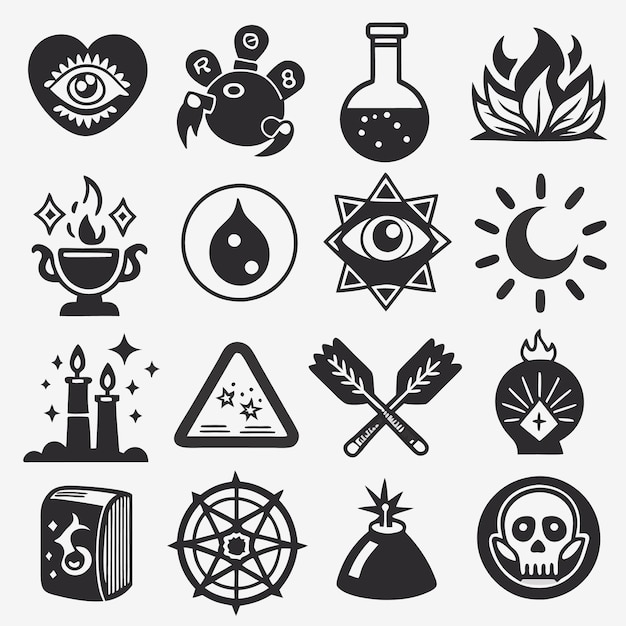 Black and white icons of magic symbols and elements like eye fire skull book stars moon and more