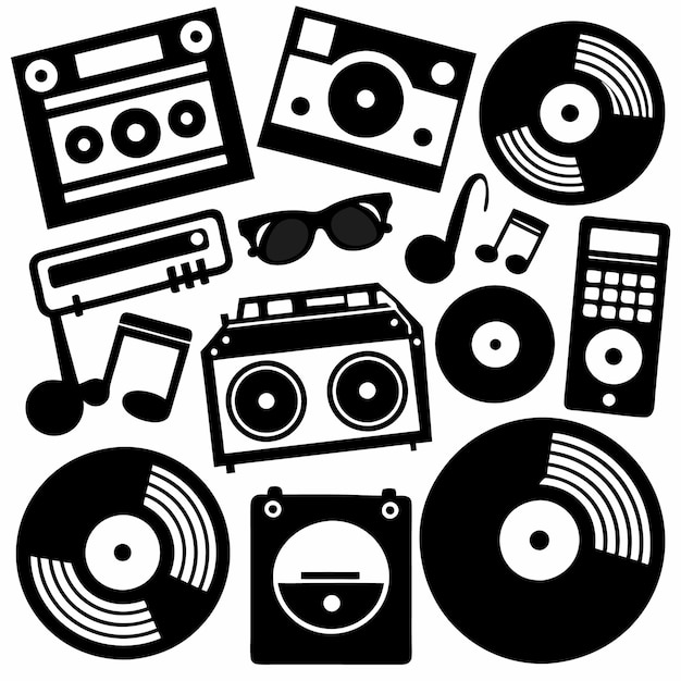 Vector black and white icons of music photography and technology