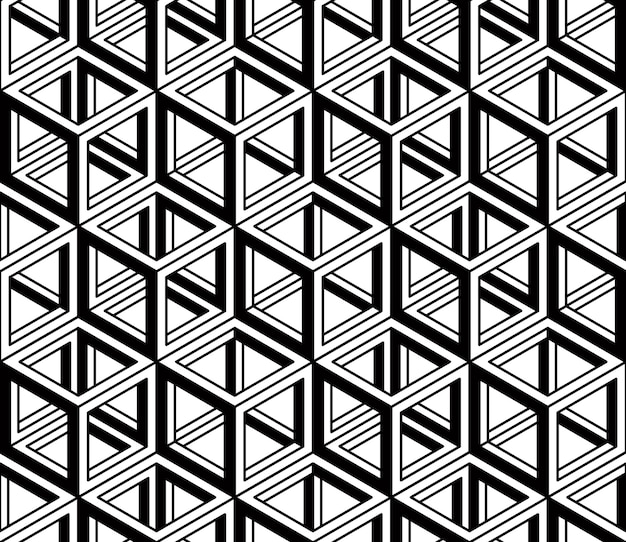 Black and white illusive abstract geometric seamless 3d pattern. Vector stylized infinite backdrop, best for graphic and web design.