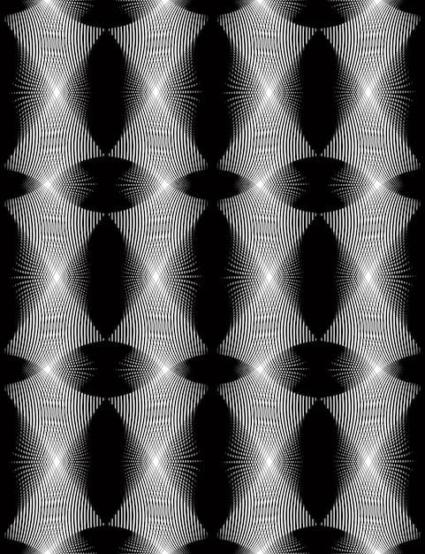 Black and white illusive abstract seamless pattern with overlapping shapes. Vector symmetric transparent backdrop.