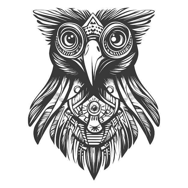 Black and White Illustrated Owl with Geometric Patterns