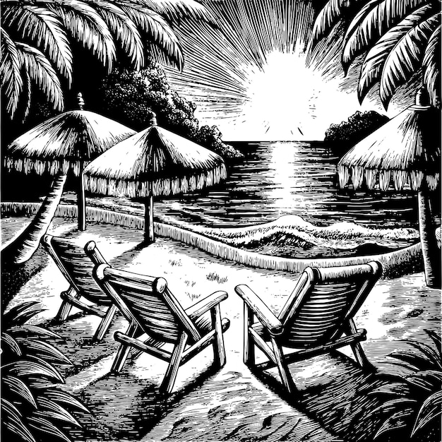 Vector a black and white illustration of a beach scene with chairs and palm trees