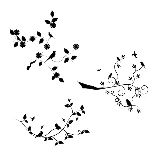 Vector a black and white illustration of a bird on a branch with birds flying around it.