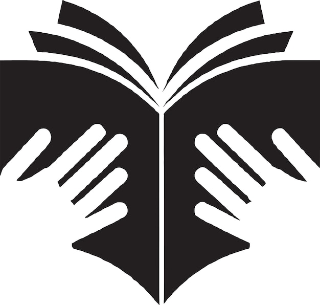 Black and white illustration of a book with hands reading a book.