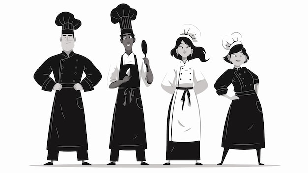 Vector a black and white illustration of chefs in a line