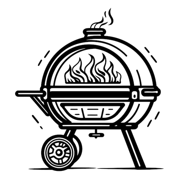 Vector black and white illustration of a classic barbecue grill with flames inside