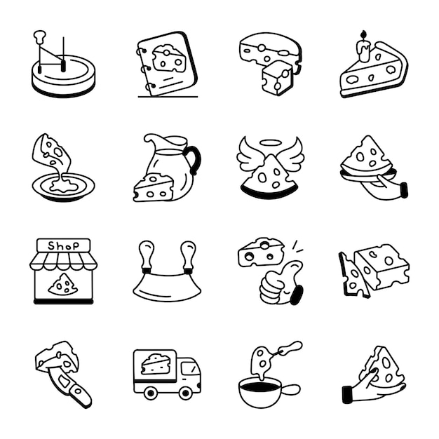 A black and white illustration of a collection of food items including a pizza, a triangle, a triangle, and a triangle.