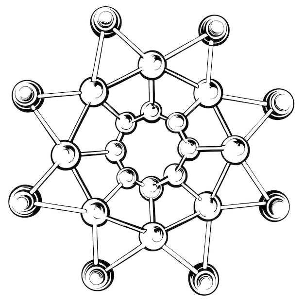 Black and white illustration of a complex interconnected structure with many nodes