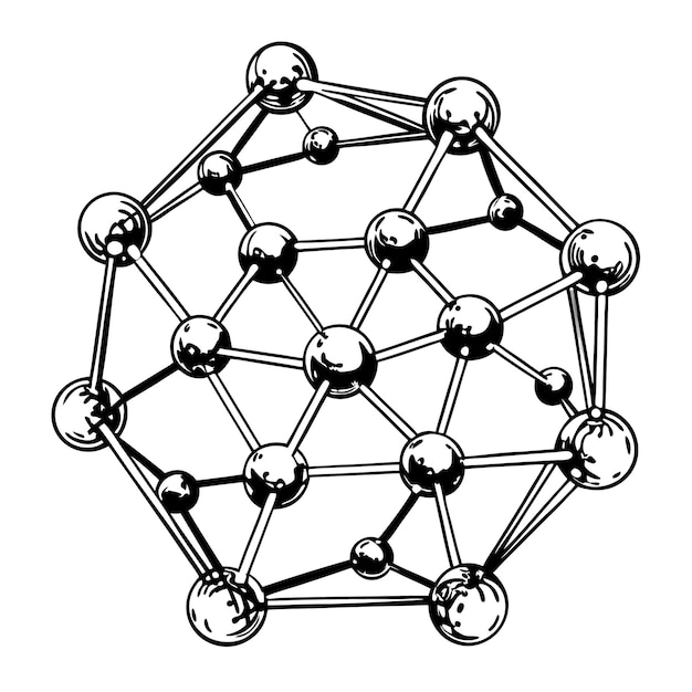 Black and white illustration of a complex molecular structure with interconnected spheres