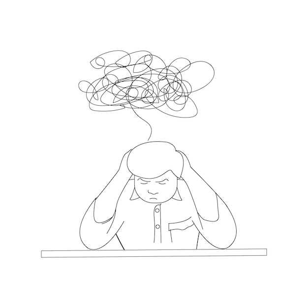 Black and white illustration of a content creation worker who is confused while working