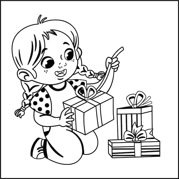 Black and white Illustration of cute little girl opening gift packages Vector illustration