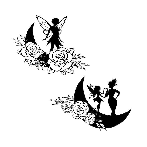 A black and white illustration of a fairy and a girl on a moon.