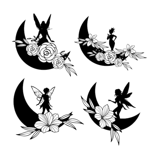 A black and white illustration of a fairy on a moon.