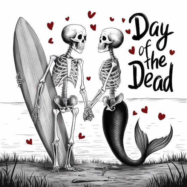 Vector black and white illustration featuring two skeletons standing side by side near a body of water